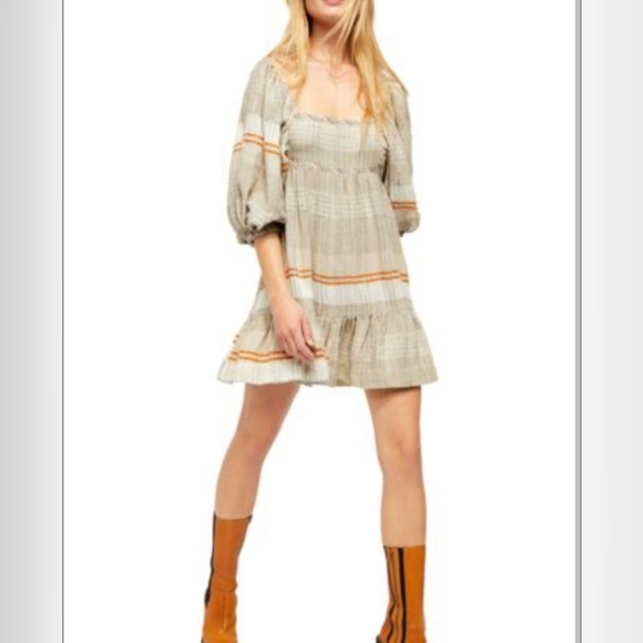 Free People Boho Cottage Praire Striped Peasant Dress Black Tan Size XS - Picture 1 of 12